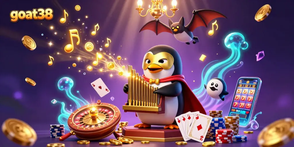 Experience the thrilling goat38 casino scene with a penguin playing for gold coins and winning cards.