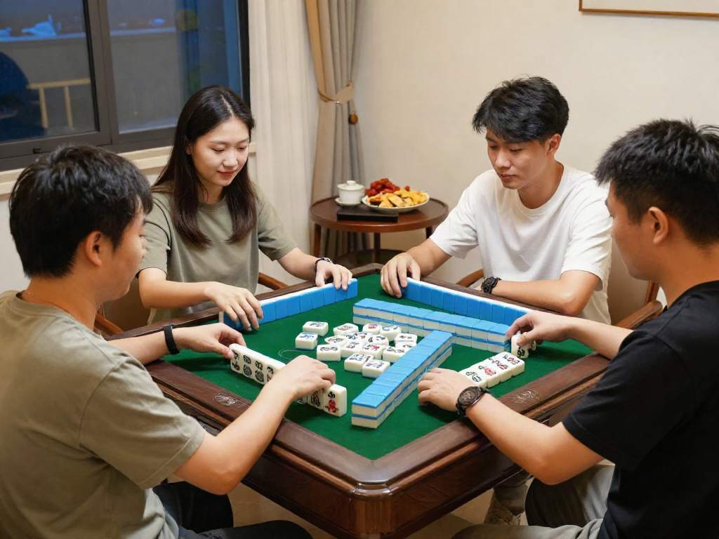 Pengalaman bermain mahjong ways di ruang tamu yang nyaman dengan pemain dan meja Mahjong.