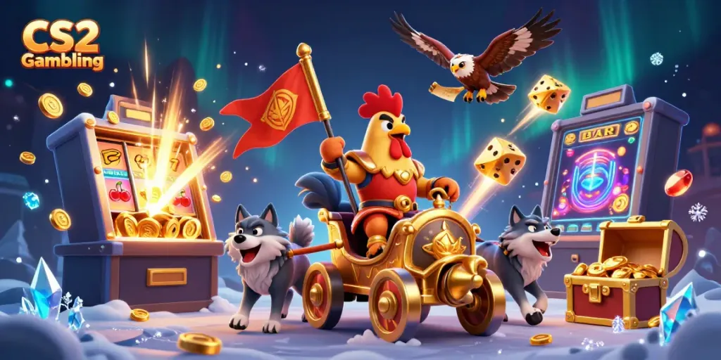 Engaging 3D scene depicting CS2 Gambling action with a rooster warlord, slot machine, and vibrant game elements.
