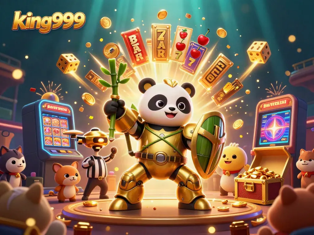 Permainan slot king999 dengan panda emas dan robot bertarung dalam arena wahana, penuh dengan simbol keberuntungan dan permainan dek