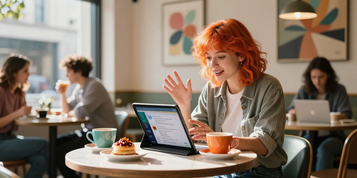 Engaging ai spicy chat in a lively café setting with a young woman interacting on a tablet.