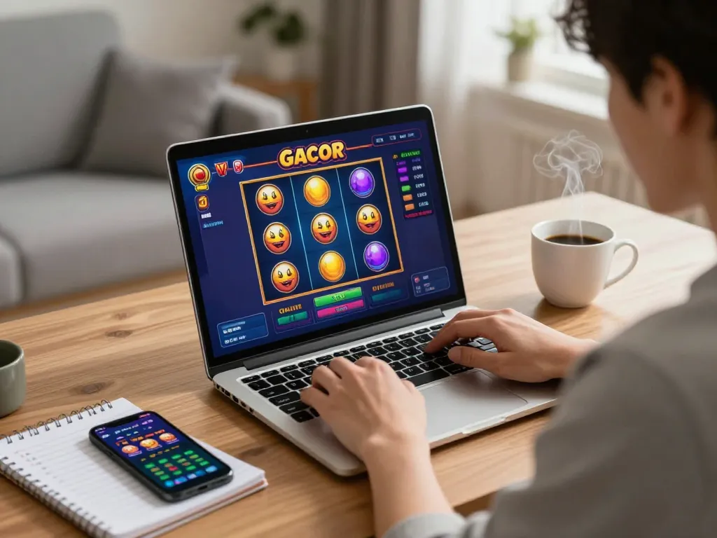 Player engaging in a slot gacor game on a laptop, revealing strategic online gambling environment.