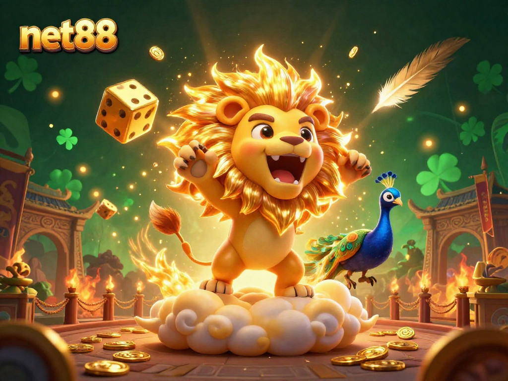 Experience vibrant excitement with net88 in this 3D illustration of a roaring lion amidst casino action.