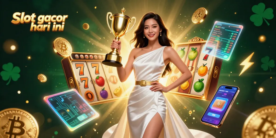 Rasakan kemenangan yang mendebarkan dengan slot gacor hari ini, menampilkan elemen slot yang cerah dan seorang pemain yang victorios.
