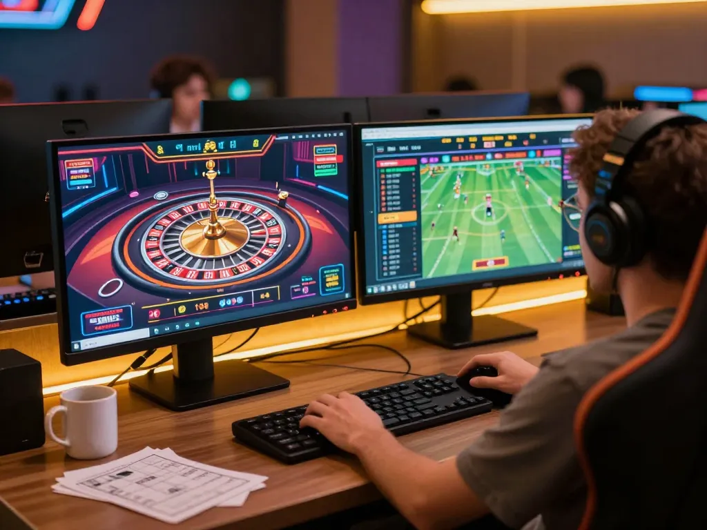 Engaged player using dual monitors for online casino games and tr88 sports betting, showcasing modern gaming setup.
