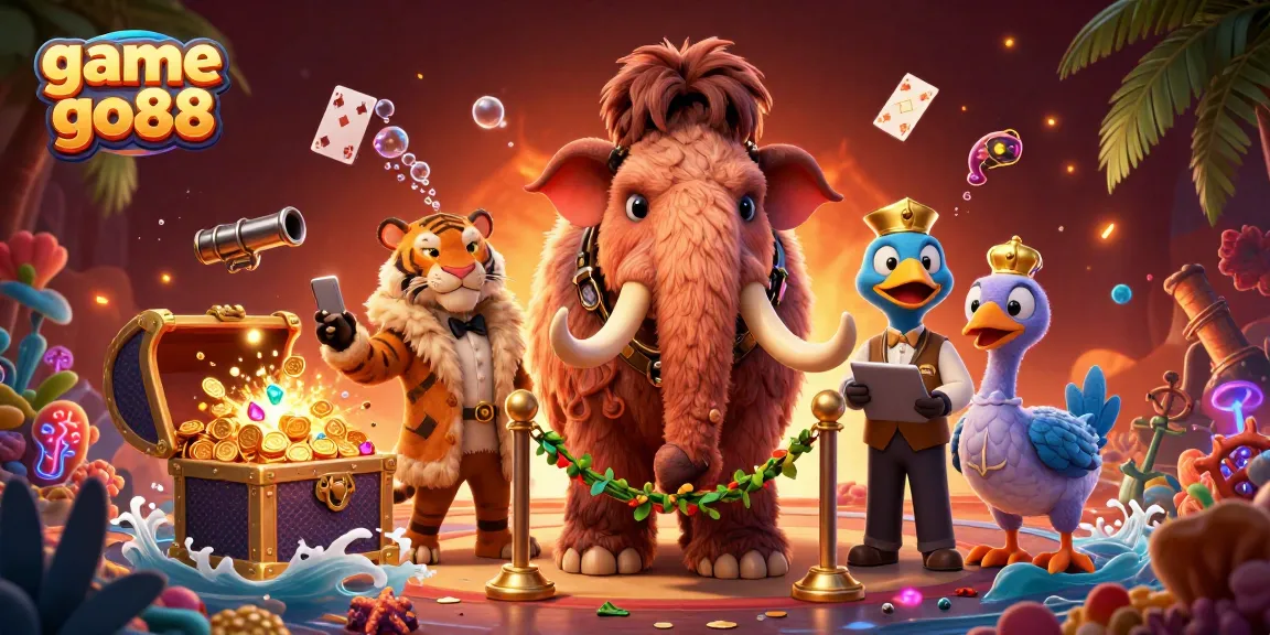 Play the exciting game go88 in a vibrant casino scene with animated characters and treasures