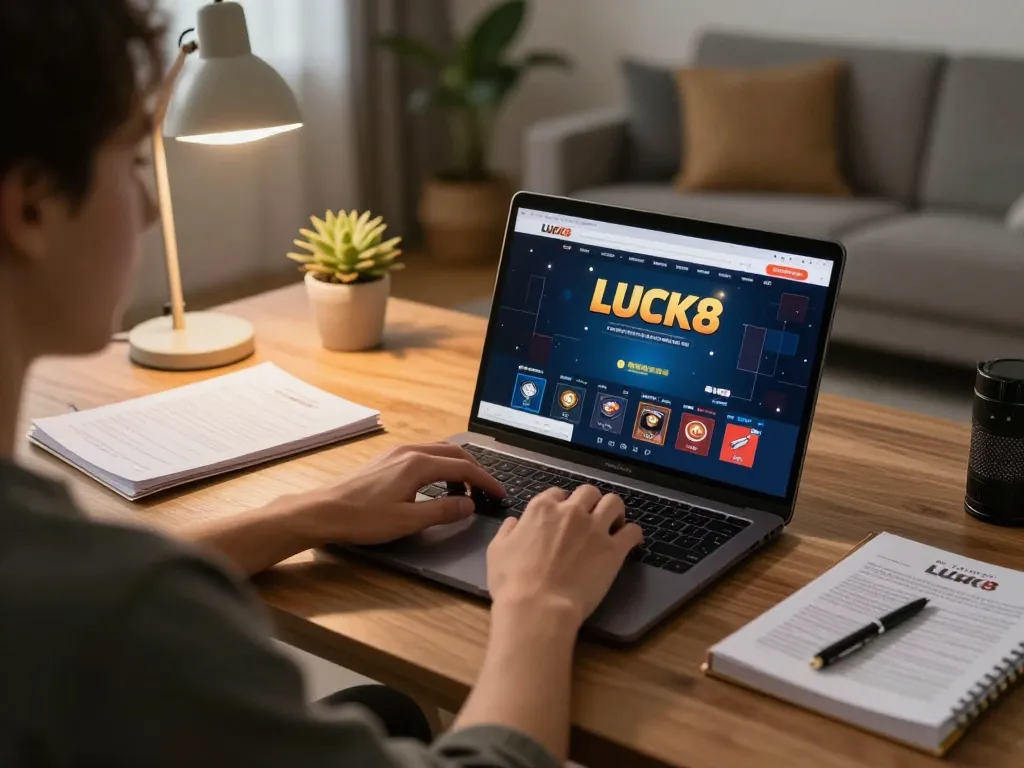Người chơi đang lập kế hoạch trò chơi poker trên ứng dụng lucks8 tại nhà, thể hiện một thiết lập chơi game thoải mái.