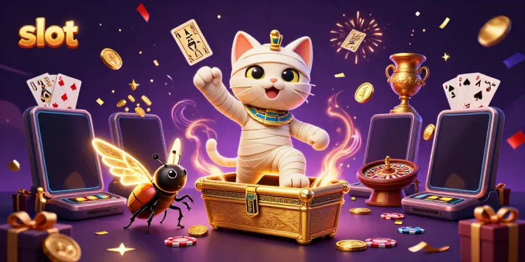 Experience thrilling slot excitement with a cartoon mummy cat and glowing scarab in a vibrant casino scene.