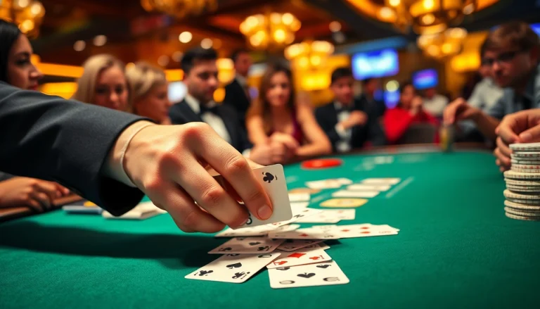 Engaged players at a Blackjack Casino table with a professional dealer shuffling cards.