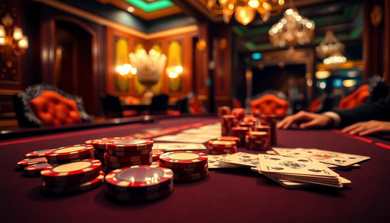 Engaging casino gaming scene showcasing vibrant poker chips and cards for an immersive experience.