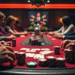 Engage in an exciting poker game with vibrant chips and cards in a cozy gaming room.