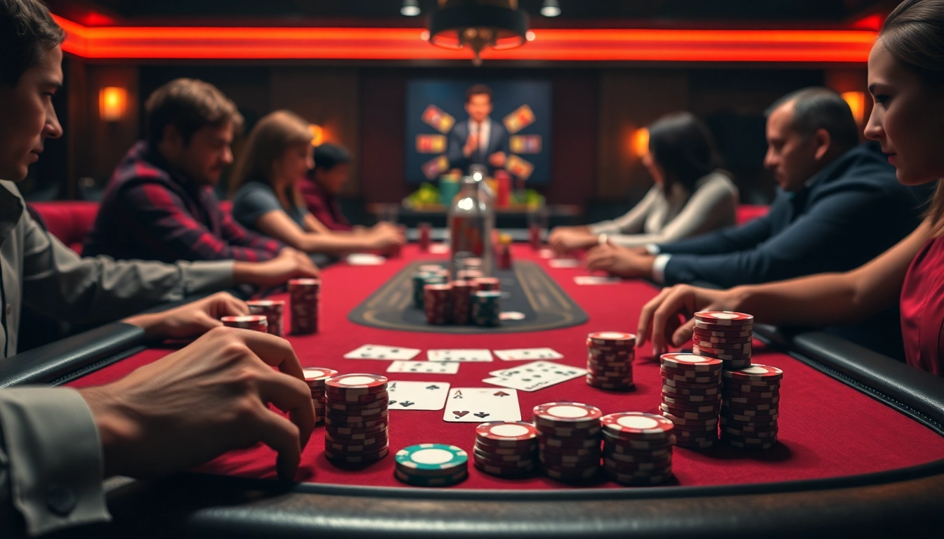Engage in an exciting poker game with vibrant chips and cards in a cozy gaming room.