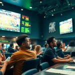 Engage in Sports Betting excitement at a vibrant sportsbook with live odds and enthusiastic bettors.
