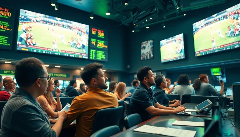 Engage in Sports Betting excitement at a vibrant sportsbook with live odds and enthusiastic bettors.