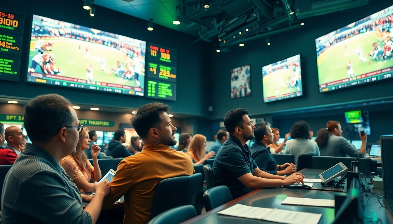 Engage in Sports Betting excitement at a vibrant sportsbook with live odds and enthusiastic bettors.