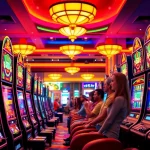 Slot Game dengan mesin slot berwarna-warni dan pemain yang bersenang-senang di kasino.