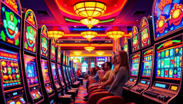 Slot Game dengan mesin slot berwarna-warni dan pemain yang bersenang-senang di kasino.