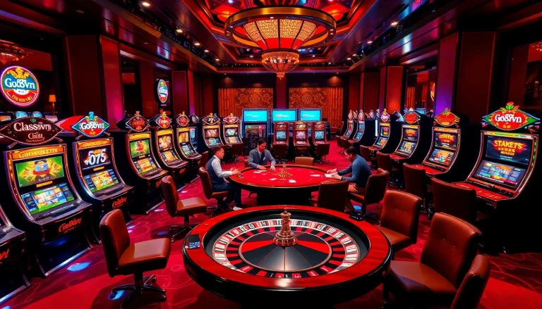 Exciting casino atmosphere with Go88vn poker table action, vibrant slot machines, and roulette excitement.