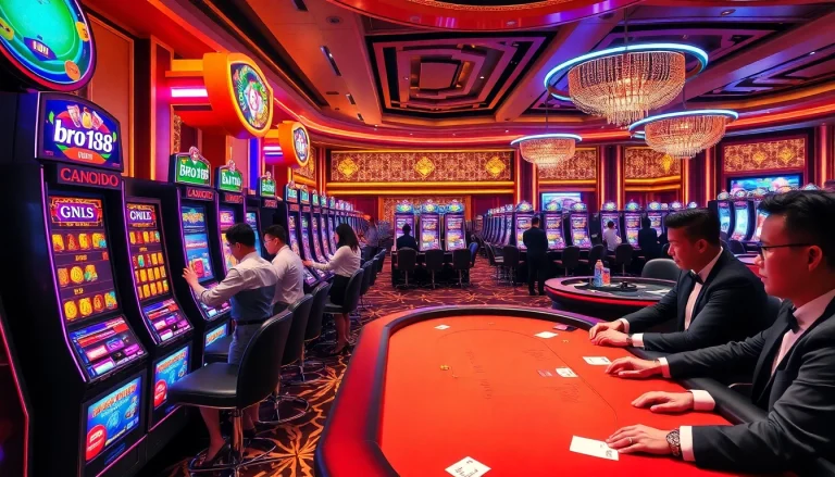 Experience the excitement of bro138 with vibrant slot machines and players in a luxurious casino.