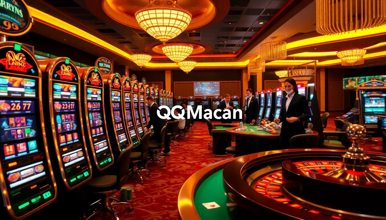 Experience thrilling gameplay of QQMacan's slot machines in a luxurious casino setting.
