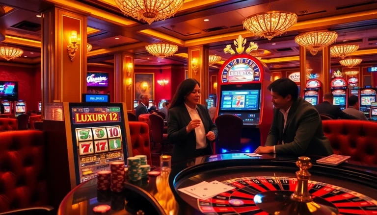 Experience the thrilling excitement of luxury12 with players enjoying premium slot games in an elegant casino.