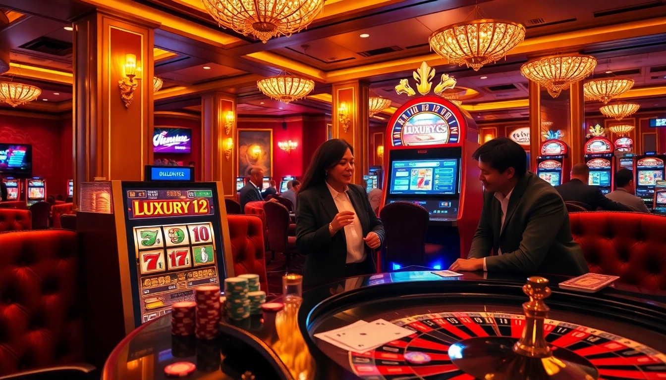 Experience the thrilling excitement of luxury12 with players enjoying premium slot games in an elegant casino.