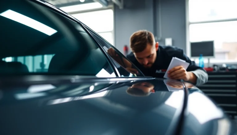 Professionally done auto window tint near me displayed on a sleek car in a bright garage.