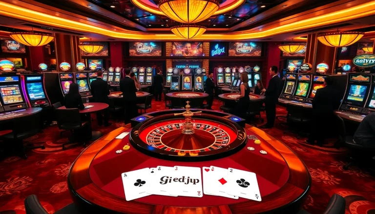Players enjoying a thrilling game of roulette at a luxurious gilajp casino, surrounded by vibrant slot machines.