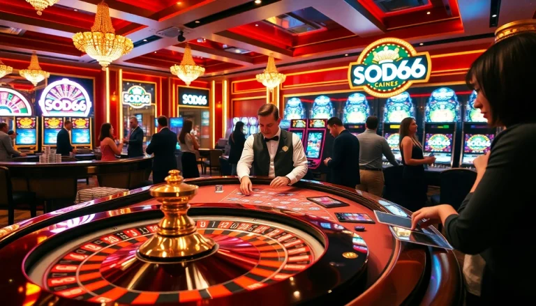 SODO66 players engage at a thrilling casino table, featuring cards and vibrant poker chips.
