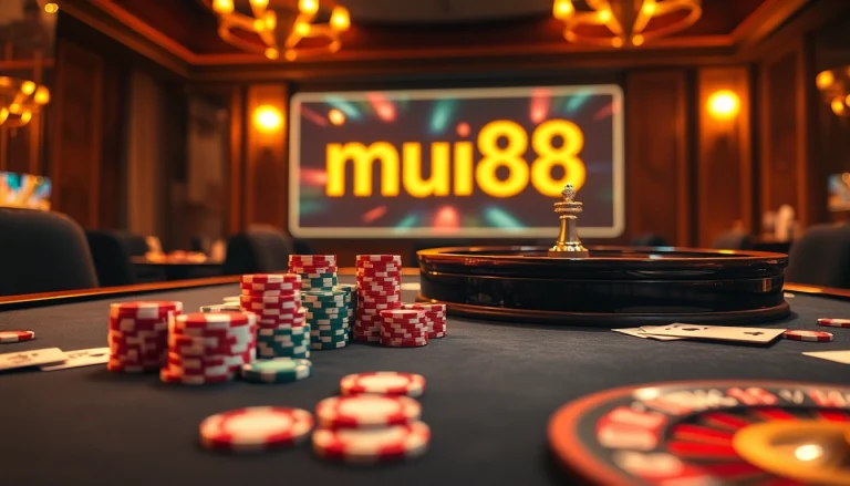 Experience the excitement of the mu88 link with casino tables and vibrant gaming elements.