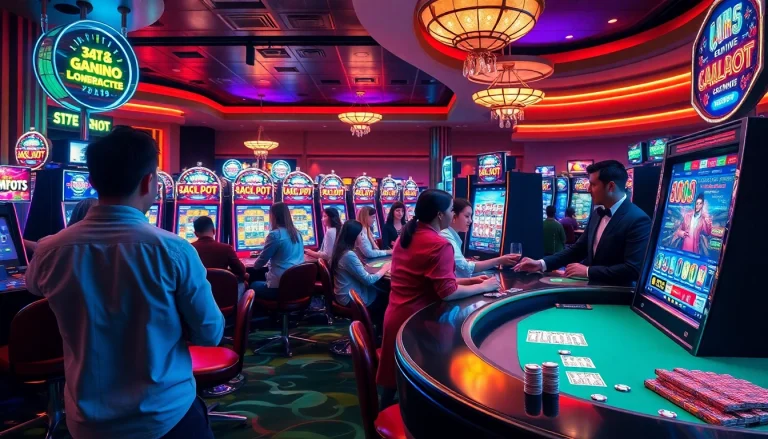 Players experience the thrill of link slot gacor at a modern casino, celebrating wins with vibrant slot machines.