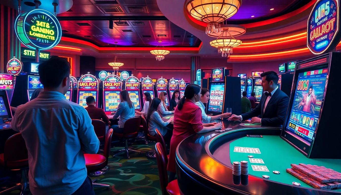 Players experience the thrill of link slot gacor at a modern casino, celebrating wins with vibrant slot machines.