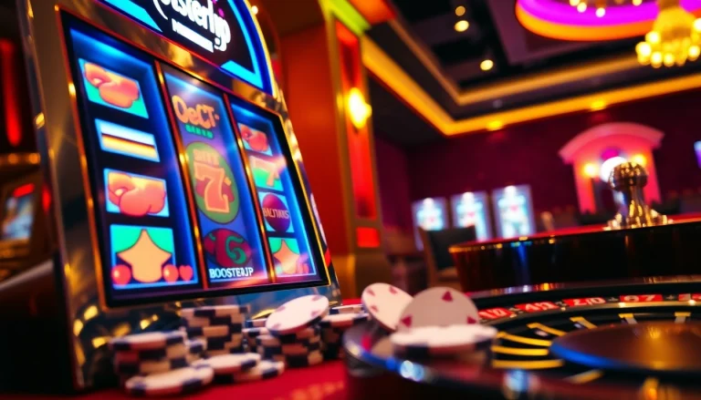 Experience the thrill of BoosterJP slot machine action with vibrant reels and poker chips.