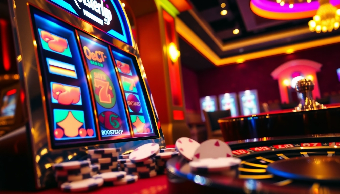 Experience the thrill of BoosterJP slot machine action with vibrant reels and poker chips.