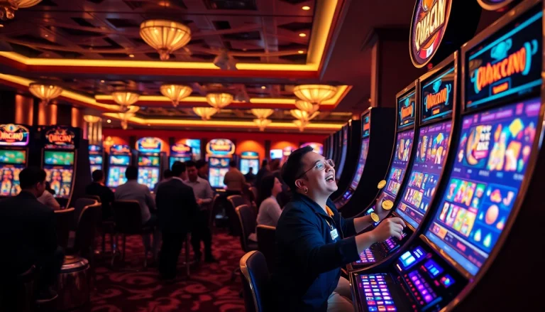 Players enjoying thrilling slots at QQMacan's premium gaming center, celebrating jackpot wins.