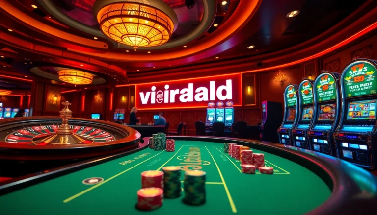 Players enjoying the excitement of viral4d gambling at a luxurious casino with roulette and poker.