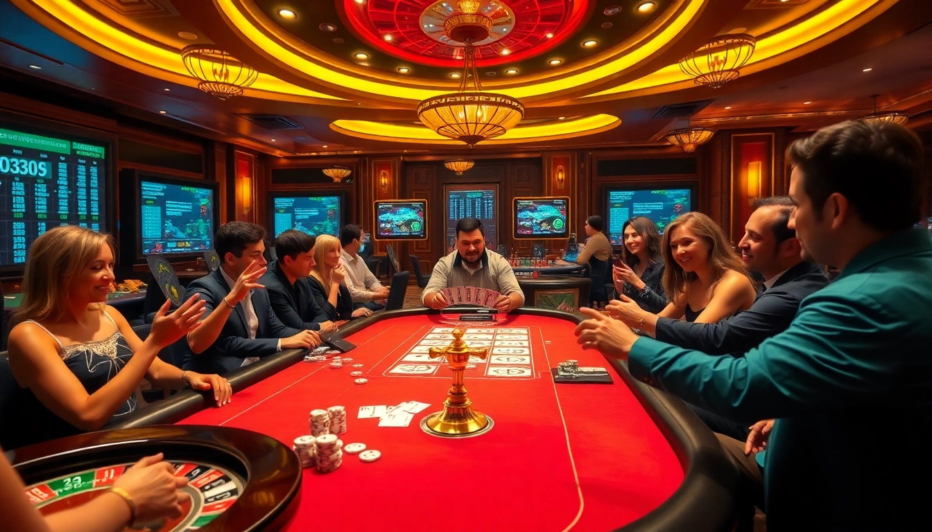 Pahala4d players engaging with high-stakes casino games, showcasing excitement with poker chips and cards.