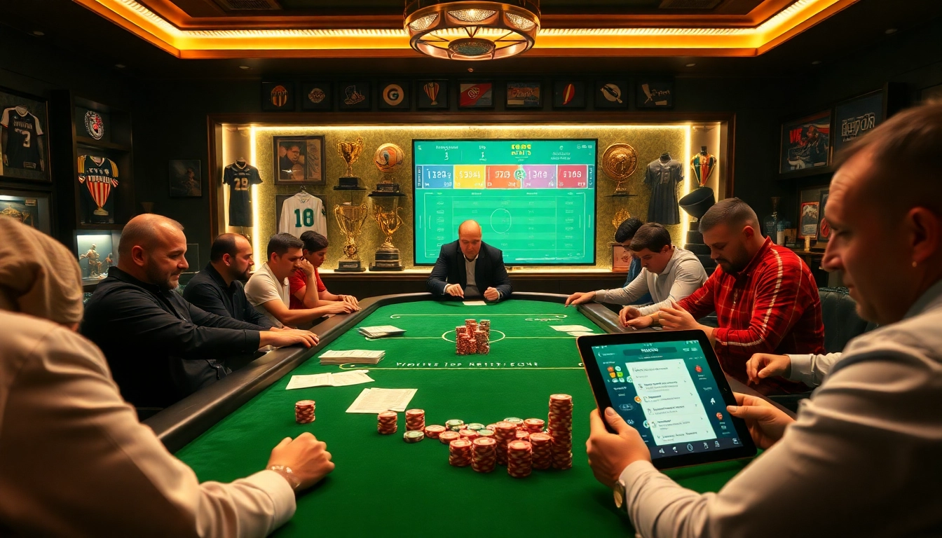 Mastering เทคนิคแทงบอล at a vibrant sports betting table with enthusiastic players.