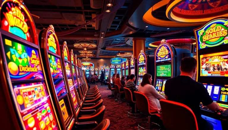 Excited players engaging with slot terpercaya machines in a luxurious casino environment.