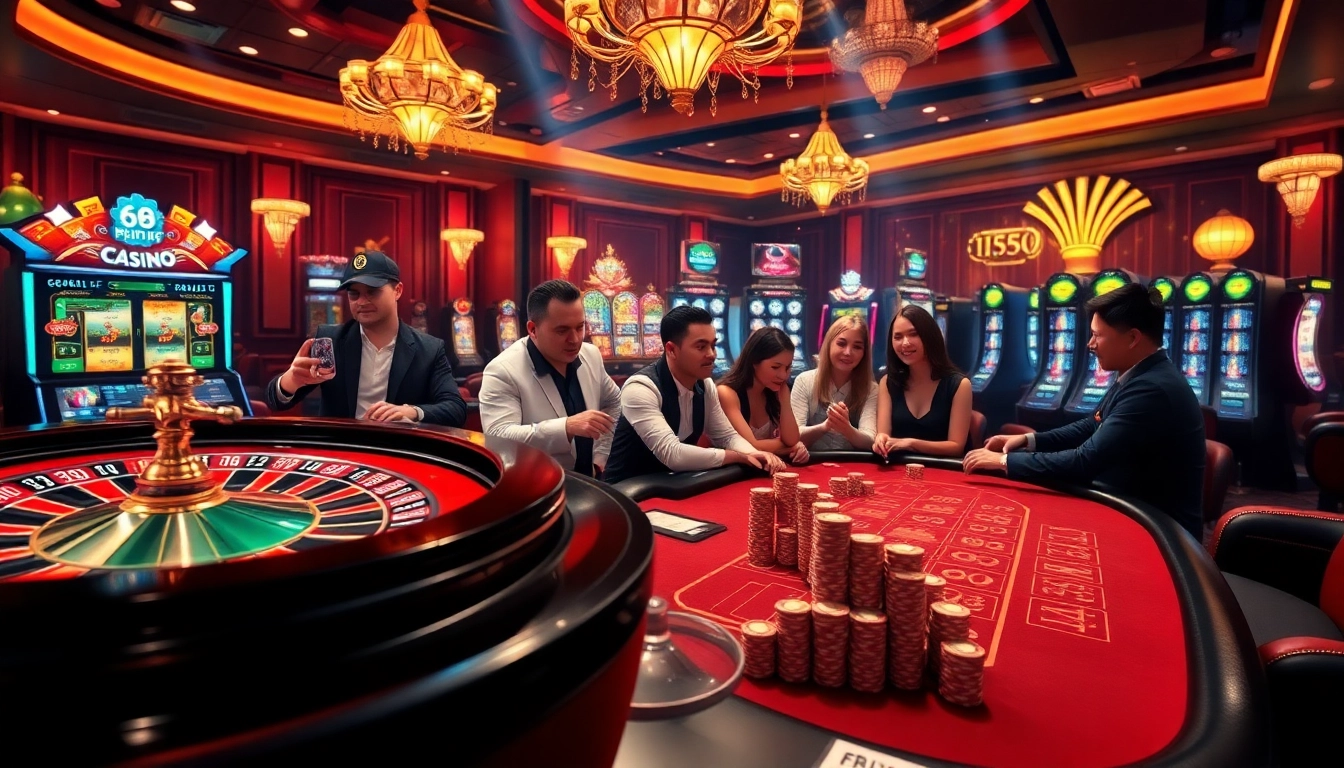 Experience the thrill of gambling with https://68vip.trade/ featuring roulette wheels and poker tables in a vibrant casino scene.