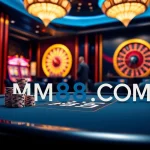 Engaging poker action at MM88 COM Casino, featuring vibrant poker chips and a glowing roulette wheel.