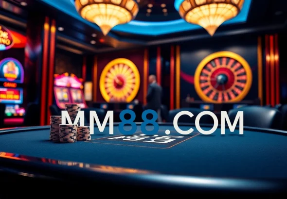 Engaging poker action at MM88 COM Casino, featuring vibrant poker chips and a glowing roulette wheel.