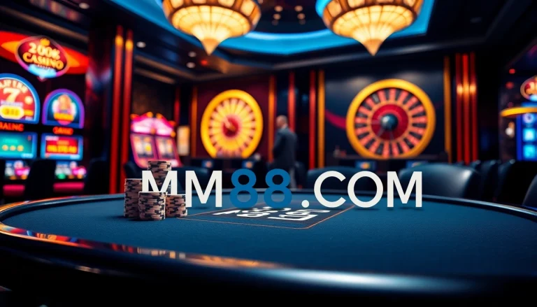 Engaging poker action at MM88 COM Casino, featuring vibrant poker chips and a glowing roulette wheel.