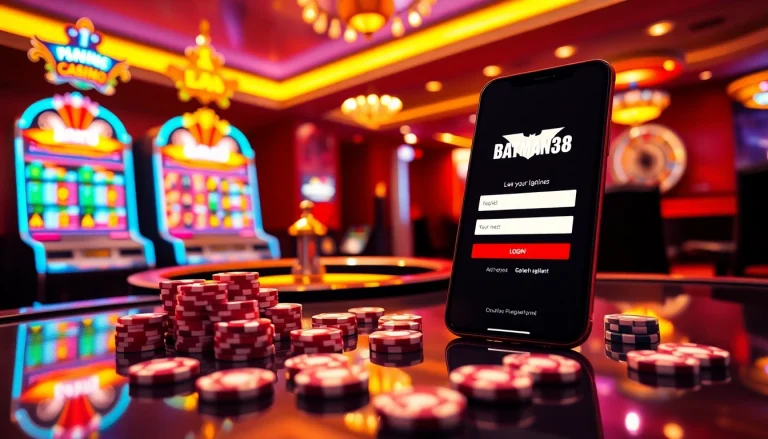 Experience the thrill of winning at Batman138 login with a vibrant casino scene featuring slot machines and poker chips.