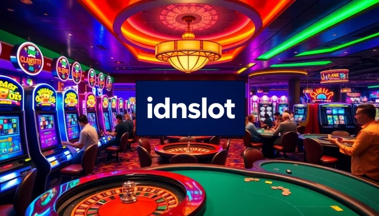 Players enjoying slot games and poker at a vibrant casino, featuring idnslot for exciting gaming.