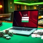 Engage with sbobet login indonesia through a luxurious online gambling setup featuring poker chips and cards.
