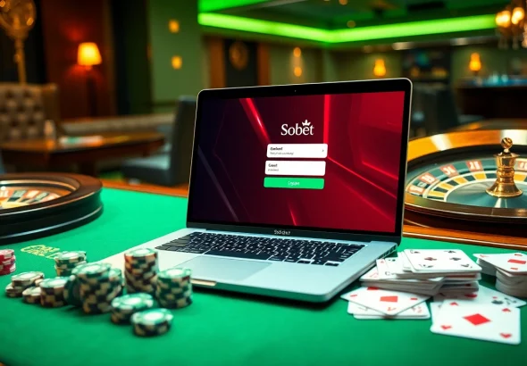 Engage with sbobet login indonesia through a luxurious online gambling setup featuring poker chips and cards.