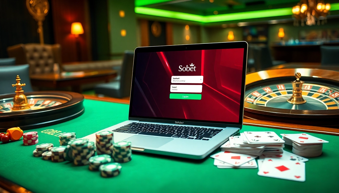 Engage with sbobet login indonesia through a luxurious online gambling setup featuring poker chips and cards.