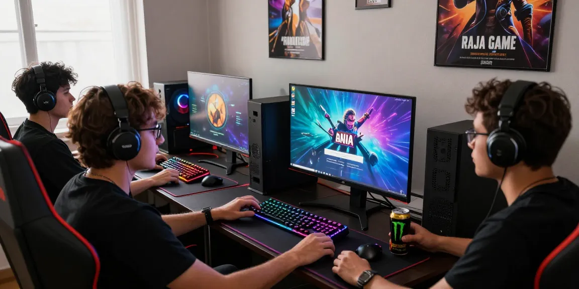 Raja Game login scene with gamers collaborating in a vibrant setup