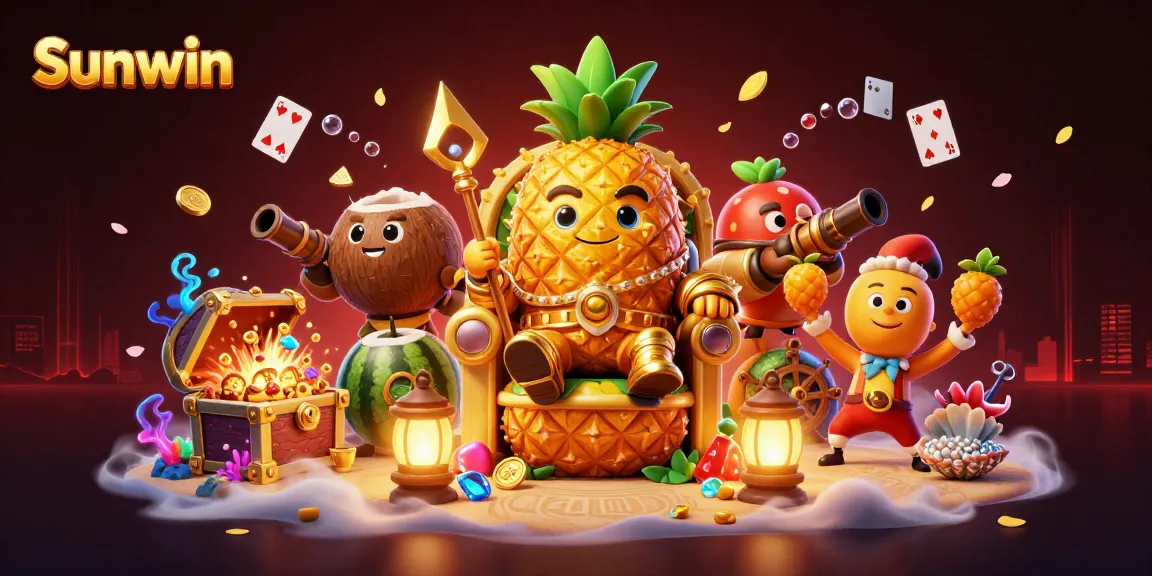 Players celebrate wins at Sunwin with a vibrant, tropical-themed casino scene